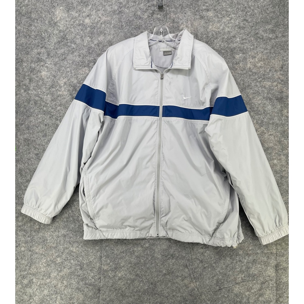 Nike Windbreaker Jacket Mens XXL Grey Navy Blue Full‎ Zip Mesh Lined Swoosh Logo